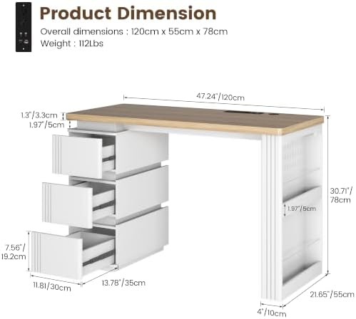 Vlsrka 47.2" Home Office Desk with 3 Drawers and Shelves, Power Outlets