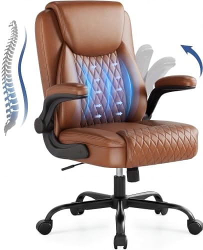 GTPOFFICE Executive Office Chair with Comfortable Lumbar Support, Ergonomic Gaming Chair with Flip-up Armrests & Zoned Pressure-Relief Cushion, Comfy PU Leather Desk Chair, Brown