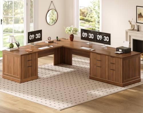SEDETA Fluted 78.8" L Shaped Desk with 6 Drawers, Fluted Brown
