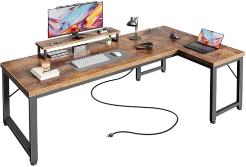 PRAISUN 53" L Shaped Computer Desk, Outlets, Monitor Stand, Rustic Brown