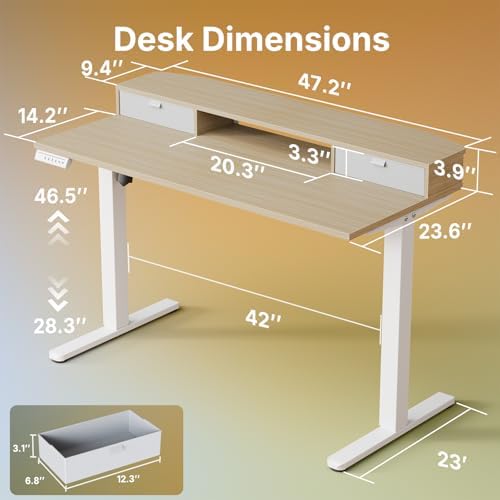 HUANUO 47.2" X 23.6" Electric Standing Desk with 2 Drawers, C-Clamp Mount Compatible, Height Adjustable Computer Desk, Home Office Stand Up Desk with 4 Preset Heights & 2 Hooks, Light Walnut