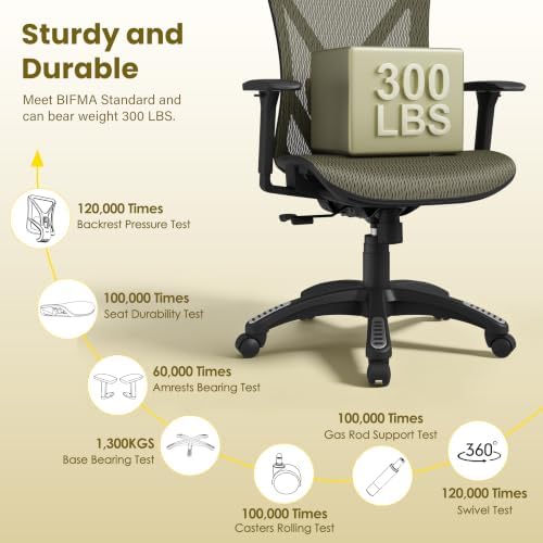 Ergonomic Office Chair, Mesh Computer Desk Chairs with BIFMA X5.1 Certified, Adjustable Lumbar Support, 3D Arm, Tilt Back, Wide Seat, Comfy Swivel Work Task Chair for Company and Home (Satin Gold)