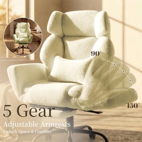 Office Chair with Flip Armrests,Big and Tall Office Chair with Foot Rest,Extra Wide Seat & Lumbar Pillow,Ergonomic Computer Gaming Chair,Comfy Criss Cross Chair for Pets Sitting,Teddy Fleece,Yellow