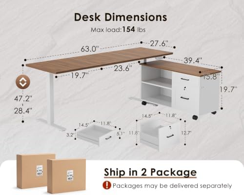 OffiGo 63" L Shaped Electric Standing Desk with Cabinet Sets, Walnut/White