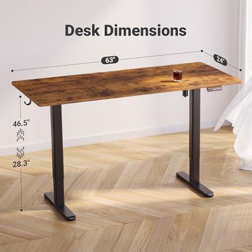 Claiks Electric Height Adjustable Standing Desk, 63x24 Inch, Rustic Brown