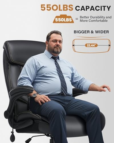 550LBS Big and Tall Office Chair for Heavy People,Ergonomic Office Chair with Padded Flip-Up Arms and Adjustable Lumbar Support,High Back Executive Leather Desk Chair with Rocking Function