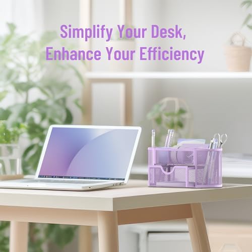 Mesh Desk Organizer with Drawer, 9-Compartment Pen Holder for Desk, Purple