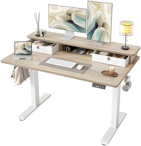 TIQLAB 48 * 24 inch Standing Desk with Two Drawers&Top Shelf, Maple