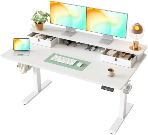 TIQLAB 55 * 28 inch Standing Desk with Two Drawers&Top Shelf, White