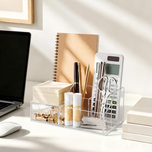 HBlife Acrylic Desk Organizer with Drawer, Pen & Pencil Holder, Multifunctional Desktop Caddy for Office Supply and Organization (Clear, 2 Pack)