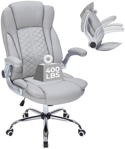 400lbs Executive Office Chair with Flip-Up Armrests, Big and Tall Computer Chair for Heavy People, Heavy Duty Ergonomic Comfy Chair, Breathable PU Leather (Grey)