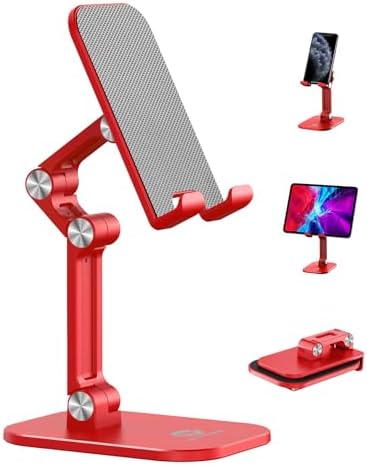 OCYCLONE Phone Stand, Adjustable Height and Angle Foldable Cell Phone Stand Holder for Desk, Taller iPhone Stand Compatible with 4.7"-13" Smartphones iPad Tablet, Red