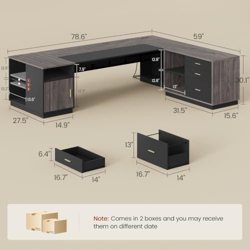 UPOSOJA 78.7" L Shaped Executive Desk with Lateral File Cabinet, Extra Large Office Desk with Drawers & Power Outlets, Modern Corner Computer Desk with Storage Shelves, Business Furniture, Grey