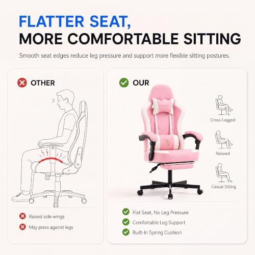 Desk Computer Gaming Chair - High Back Ergonomic Office Chair with Footrest and Lumbar Support, Swivel Comfy Home Gamer Video Game Chairs with Pocket Spring Cushion for Adults (Pink Leather)