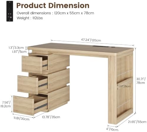 Vlsrka 47.2" Home Office Desk with 3 Drawers, Computer Desk with LED Lights