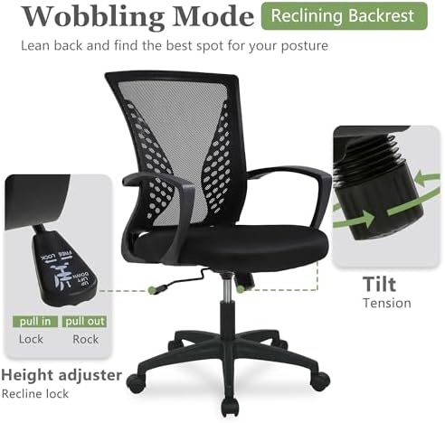 FDW | Mid Back Office Chair | Dark Black | with Lumbar Support, 360 Swivel
