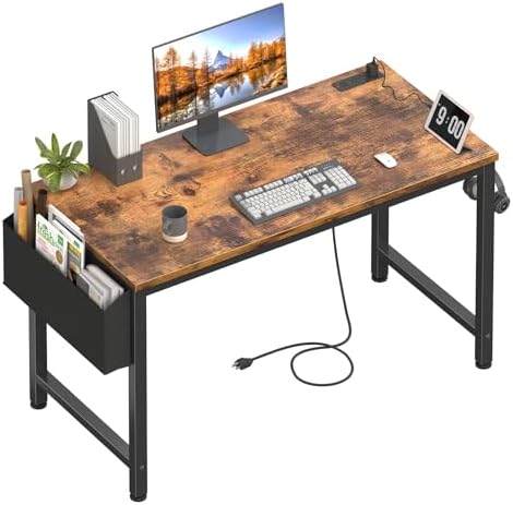 Lufeiya Computer Desk with Power Outlet, 47 inch Teen Study Table Home Office Work Writing Gaming Desks with Charging Station Outlets Built in, Brown