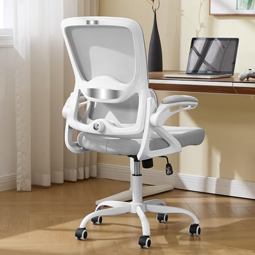 Ergonomic Office Chair,Mesh Office Chair with Lumbar Support,Mid Back Desk Chair with Flip-up Arms,400 lbs Comfy Computer Chair for Home Office (Off-White Gray)