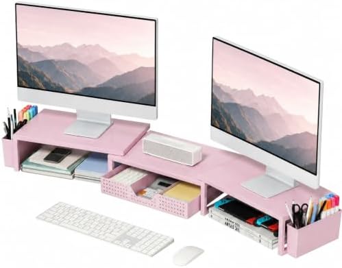 OPNICE Desk Organizers and Accessories, Dual Monitor Stand Riser with Drawer and 2 Pen Holders, Desk Shelf Computer Racks for Office Workspace Organizers, Desktop Organization (Pink)