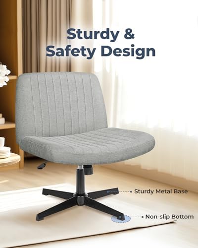 NEO Chair Criss Cross Chair No Wheels, Armless Cross Legged Office Desk Chair, Vanity Makeup Fabric Computer Comfy Adjustable Swivel Ergonomic Living Bedroom for Home Office (Fabric Grey)
