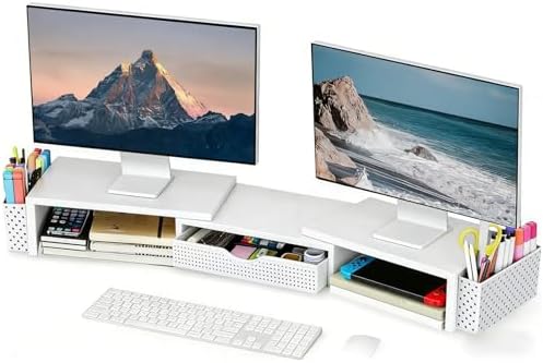 Spacrea Metal Desk Organizers and Accessories, Dual Monitor Stand Riser with Drawer and 2 Pen Holders, Desk Accessories & Workspace Desktop Organizers for Office Supplies (White)