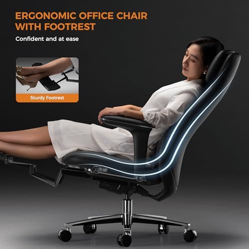 TOMU Executive Office Chair with Foot Rest, Top Grain Genuine Leather Office Chair, Ergonomic High Back Design. Real Leather, Wheels, Alumium Base. Padded Armrest, Luxury and Comfy (Black)