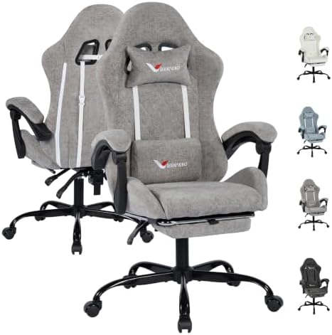 Fabric Gaming Chair for Adults, Ergonomic Computer Office Desk Chair with Footrest,Pocket Spring Cushion, Reclining High Back Silla Gamer for Home Office, Light Grey