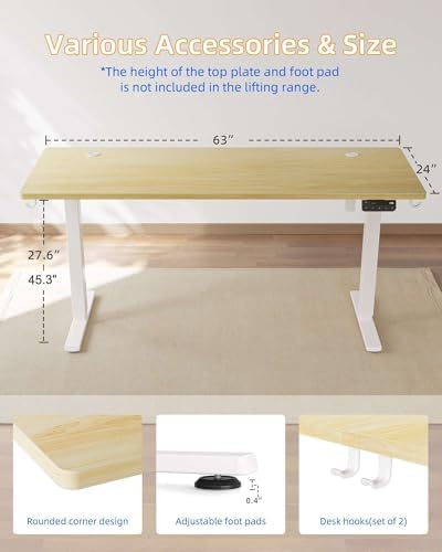 YIHAYO Electric Standing Desk, 63 x 24 Inches Stand Up Desk with Splice Board, Adjustable Height Desk, Computer Desk for Home Office, White Frame/Natural Top