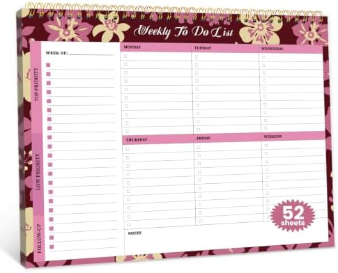 Weekly To Do List Notepad with 52 Undated Sheets（8.5"×11"）- Undated Weekly Planner Notepad for Office Desk Accessories and Supplies - Wine Bloom