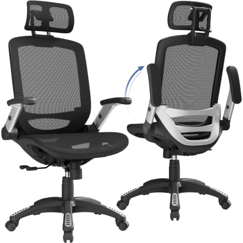 GABRYLLY Ergonomic Office Chair, High Back Home Desk Chair with Headrest, Flip-Up Arms, 90-120° Tilt Lock and Wide Cushion, Big and Tall Mesh Chairs for Man Woman, Black Task Chair