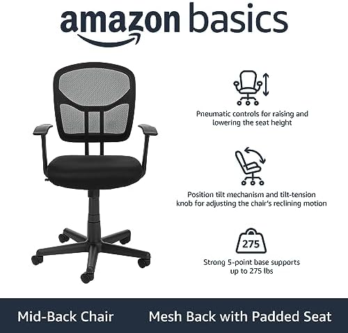 Amazon Basics Breathable Mesh Mid-Back Office Desk Chair with Armrests, Lumbar Support, 360-Degree Swivel, Adjustable-Height, Black