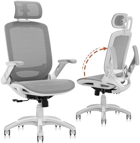 GABRYLLY Ergonomic Office Chair, High Back Home Desk Chair with Headrest, Flip-Up Arms, 90-120° Tilt Lock and Wide Cushion, 300LBS Mesh Chairs for Man Woman, White Task Chair(Dark Grey,GY01WDG)