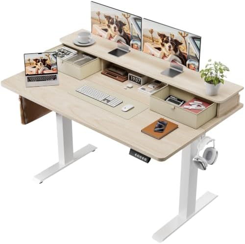 Veken 47x28 in Electric Standing Desk with Drawers, Adjustable Table, Wood