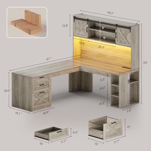 SEDETA 67" Farmhouse L Shaped Desk with Hutch, Grey