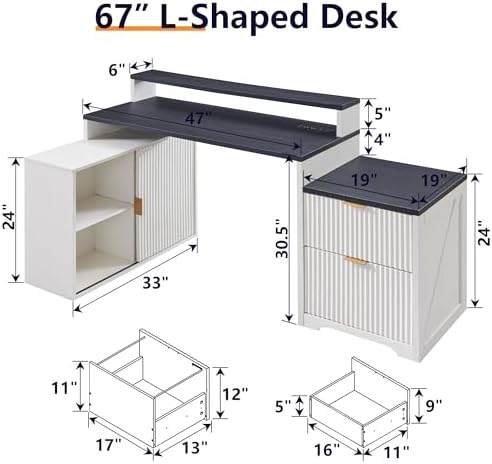 67"Fluted Desk with Cabinet & 2 Drawers, Modern Office Desk Built‑in Outlet