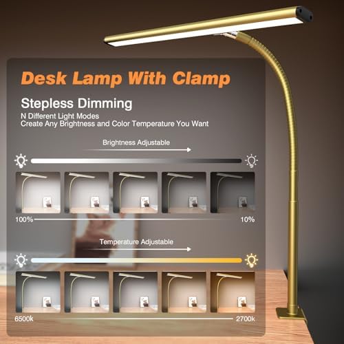 Airlonv LED Desk Lamp with Clamp, 17" Stepless Dimming Light, Gold
