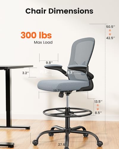 ErGear Drafting Chair,Tall Office Chair with Flip-Up Armrests, High Desk Chair Adjustable Height and Adjustable Footrest Ring, Ergonomic Standing Desk Chair with Lumbar Support, Blue,10 Pack