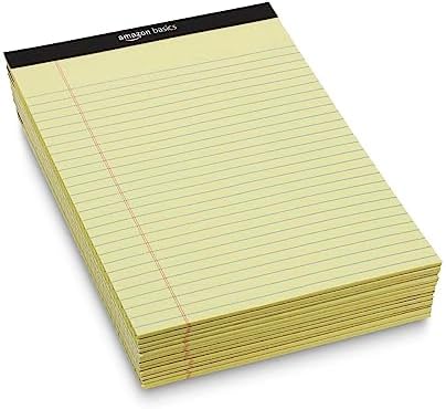 Amazon Basics Wide Ruled Lined Writing Pads, 8.5" x 11.75", Canary, 12-Pack of 50 Perforated Sheets, Sturdy Backing