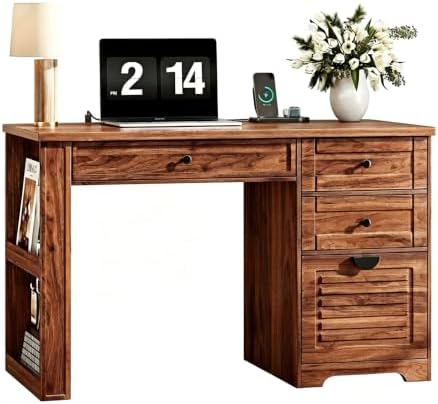 Ieejdn 47" Home Office Desks, Executive Desk, Farmhouse Computer Desk with Drawers and Charging Station, File Drawer, Storage Cabinet, Rustic Computer Writing Desk,Antique Tan