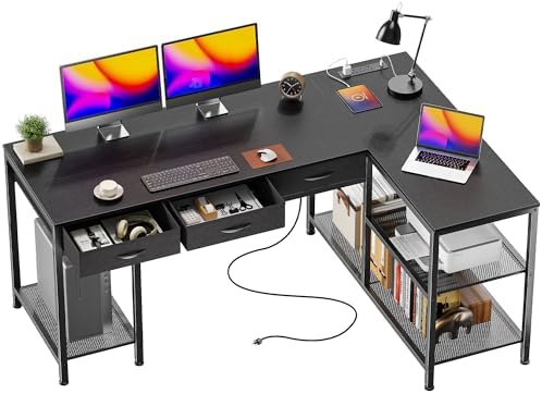 PRAISUN 55 Inch L Shaped Office Desk with Power Outlets and Type-C Port, Large Computer Gaming Desk with 3 Fabric Drawers, Mesh Shelves, Corner Study Work Writing Desk, Black