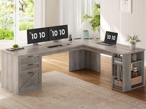 SEDETA 67" Farmhouse Executive L Shaped Desk with 3 Drawers