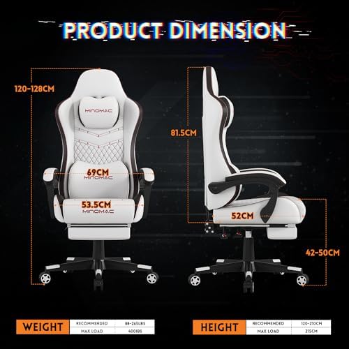 Gaming Chair,Big and Tall Gaming Chair 400lbs Office Chair with Footrest, 90-155° Recline & Removable Headrest Lumbar Support[Spring + 4D Sponge] (White)