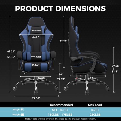GTPLAYER Gaming Chair, Computer Chair with Footrest and Lumbar Support, Height Adjustable Game Chair with 360°-Swivel Seat and Headrest and for Office or Gaming (Blue, Fabric)