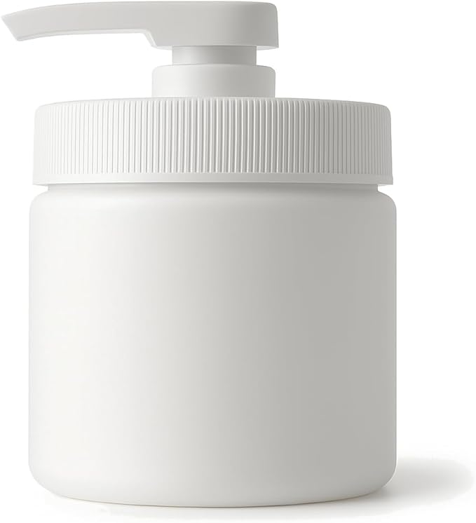Royal Massage 16oz Refillable Pump Jar with Locking Dip Tube Dispenser – BPA-Free Plastic Container for Massage Oils, Lotions, Creams – Ribbed Lid Wide-Mouth Jar – Durable & Reusable (White/White, 12)