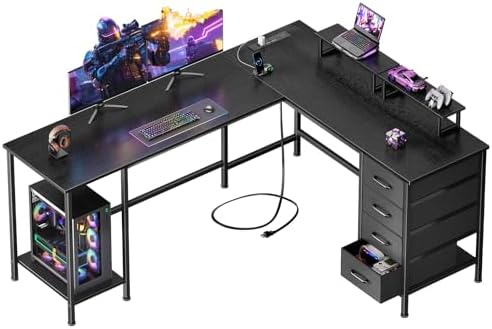 Korfile 59 inch L Shaped Computer Desk with Power Outlets, Black