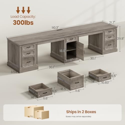 SEDETA Farmhouse 110.3" Two Person Desk with 7 Drawers, Long Computer Desk with Storage Cabinet, 2 Person Desk with Power Outlets for Home Office, Gray