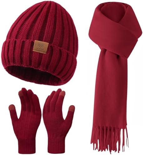 Women Winter Hat Beanie+Long Scarf+Touch Screen Gloves Set, Warm Clothes Set with Knit Fleece Lined for Women/Men Winter