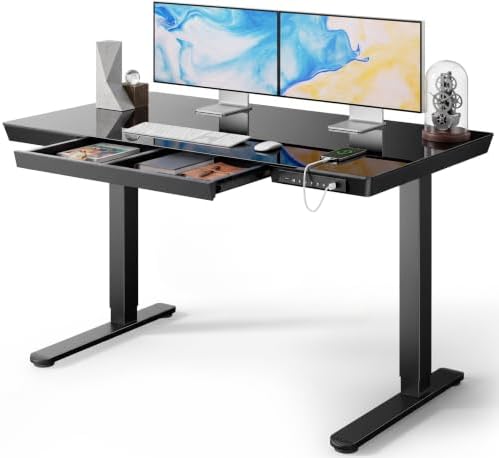 Marsail 48 x 24 inch Glass Standing Desk with Drawer Storage, Matte Black