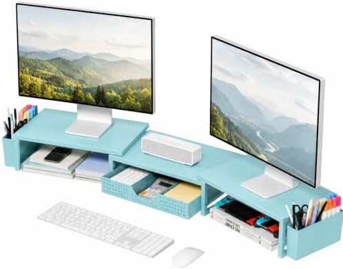 Desk Organizers and Accessories, Dual Monitor Stand Riser with Drawer and 2 Pen Holders, Desk Shelf Computer Racks for Office Workspace Organizers, Desktop Organization (Blue)