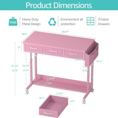 Pink Rolling Desk with Drawers, 40" Height Adjustable Girls Standing Desk